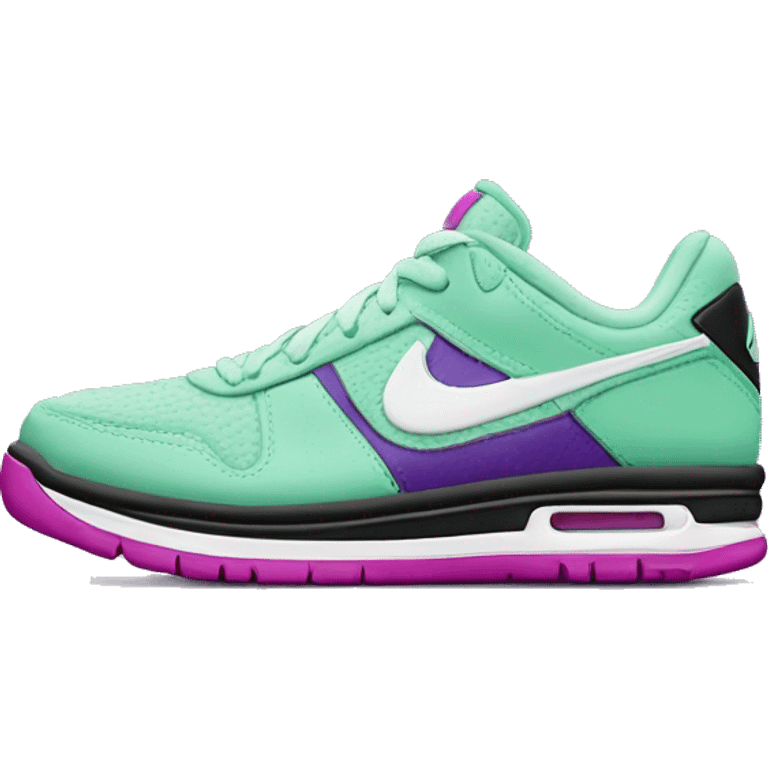 Hyper Realistic isolated side view of a  pair of black,mint green,magenta,and dark purple Nike Sneakers. emoji