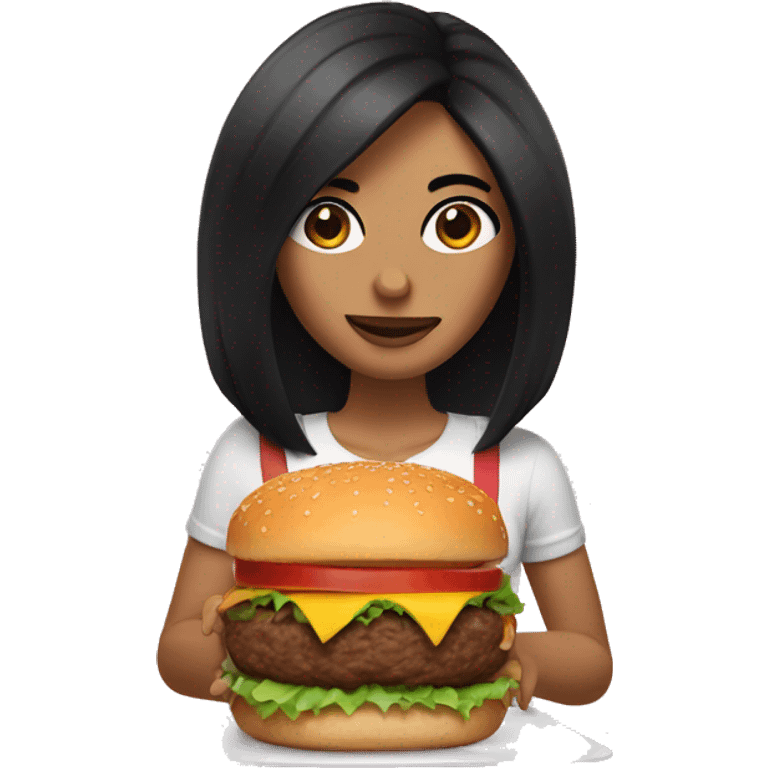 woman with medium length black hair and long eyelashes holding a burger emoji