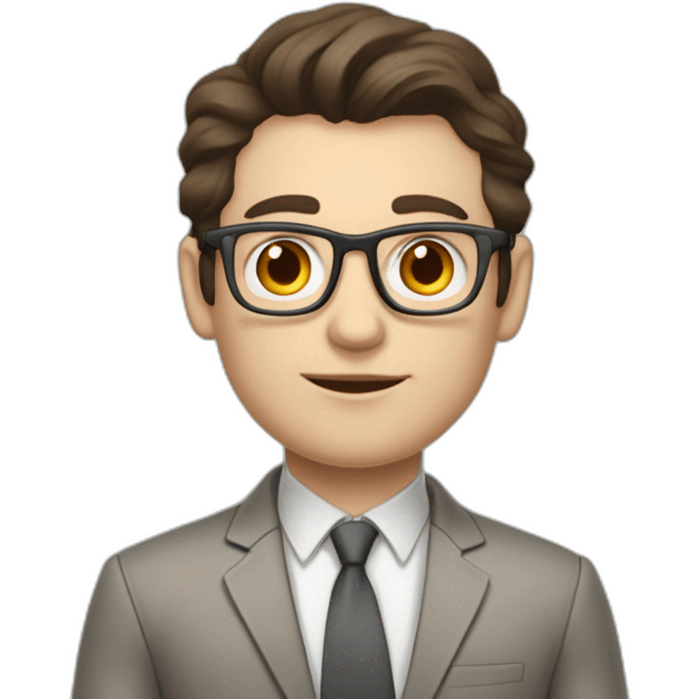 Pale skinned fit man with dark brown hair in gray jacket, beige office shirt, brown tie, brown pants and vintage glasses Writing on the flipchart emoji