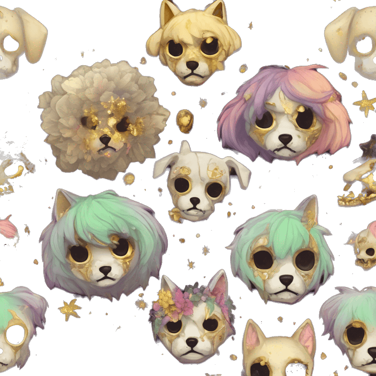 iridescent kintsugi fluffy zombie black brown gold dog fox head zombie skeleton gold mechanical nebula galaxy stars colorful flowers fairy lights vintage zombie emoji