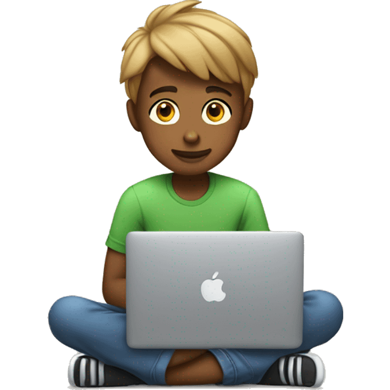 a 12 year old boy sitting in front of his macbook with his iphone 16 next to him emoji