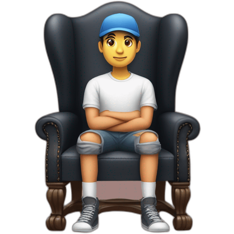 A cap wearing boy seating on a king chair ,the chair with wings an the background display  name sunil kumawat  emoji