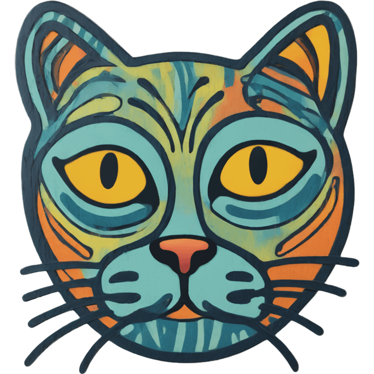 Abstract quirky funky cat made of different shapes and squiggles linocut multicoloured illustrations  emoji