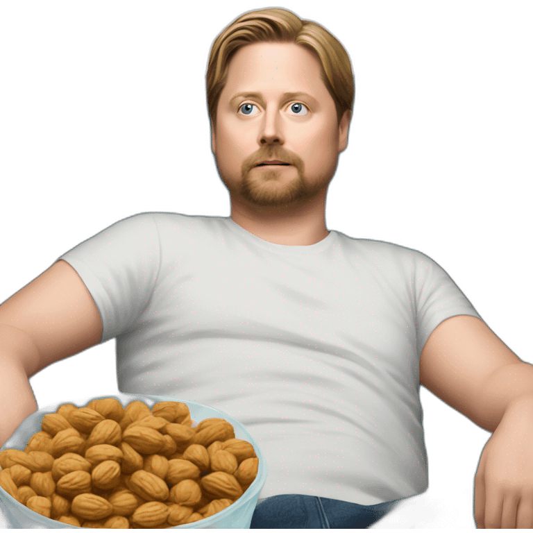 tim heidecker with a beard lazy lounging on couch holding a plastic ziploc bag of walnuts emoji