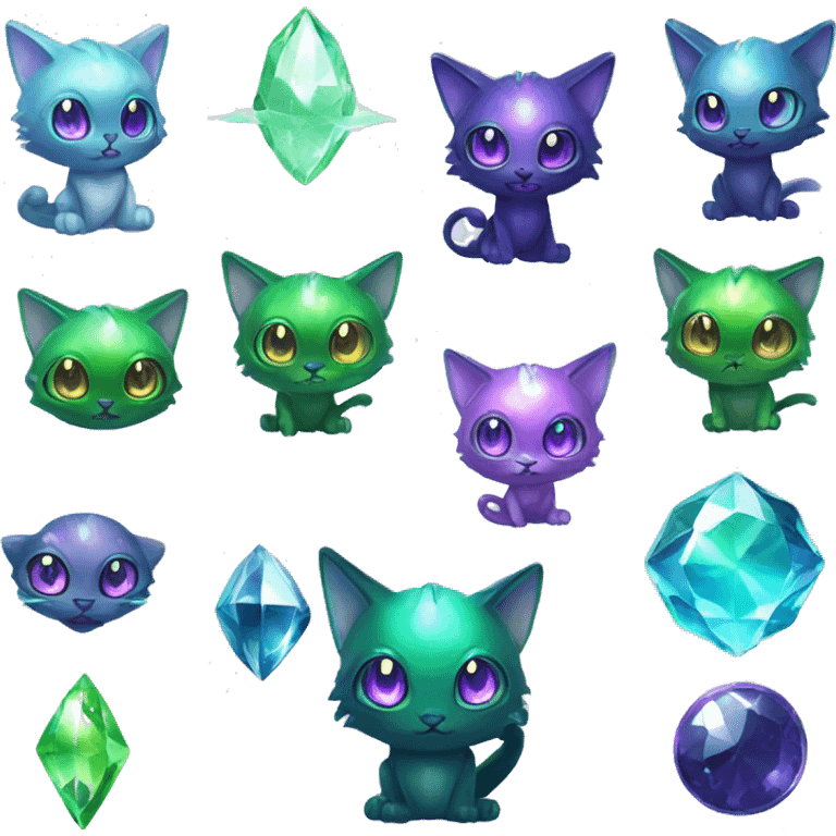 Shiny, Sparkly, Dark-type-Fairy-Type-Psychic-Ice-type-Fakémon-Alien-Cat Purple eyes, green gem, full body emoji