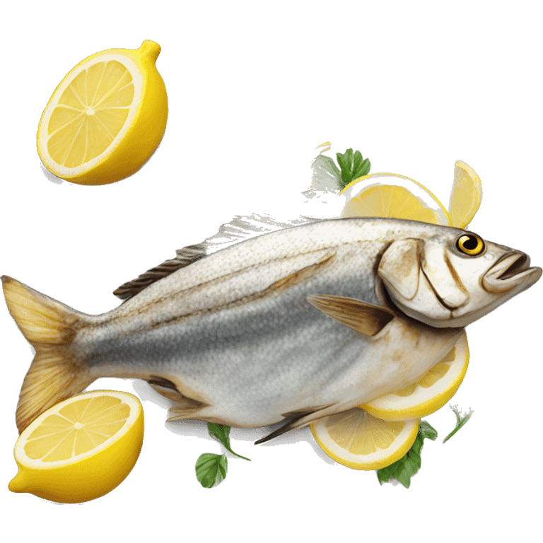 Realistic grilled fish on plate with lemon on the side emoji