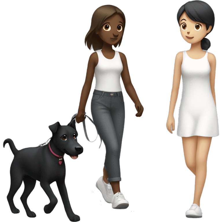 Girl walk with a black dog with white Chest emoji