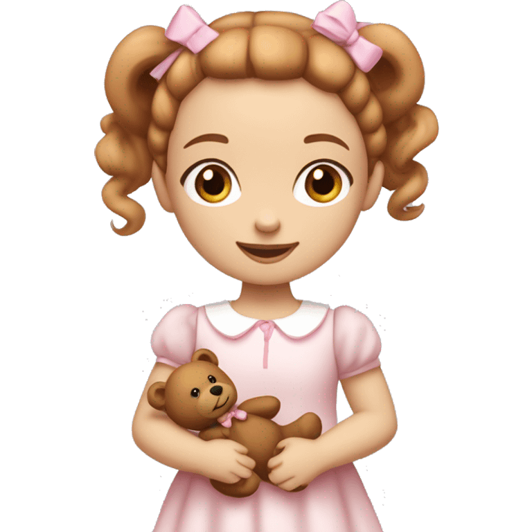 Little Girl with White skin, blue eyes. Light brown and red hair in two ponytails, with light pink bows.  She is wearing a light pink and White dress, standing and holding a teddybear with a pink bow. emoji