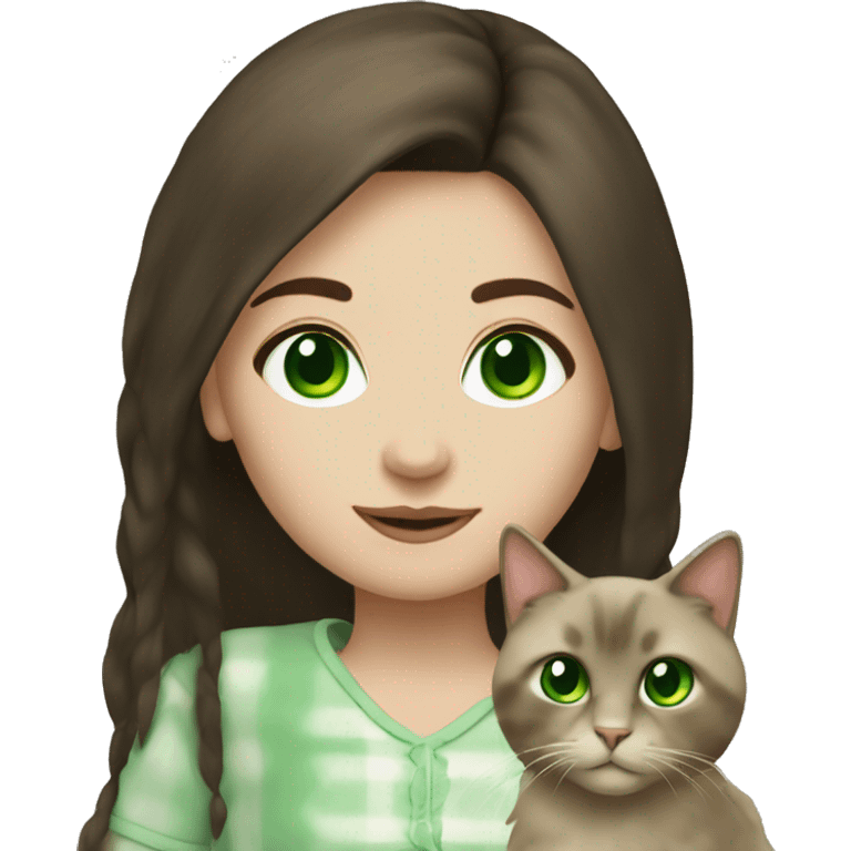 brunette girl with green eyes with cat ragdoll  emoji