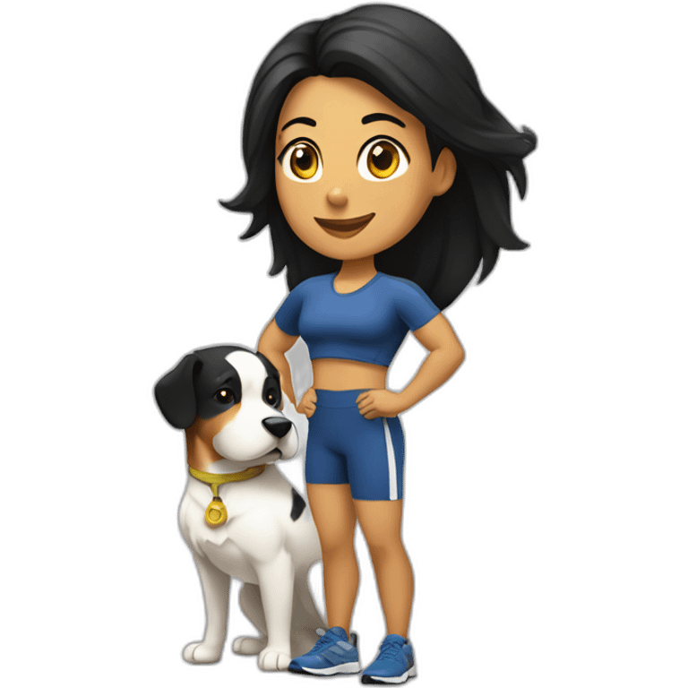 crossfit woman with black hair, white and doing lowering. And a golden race dog at her side emoji