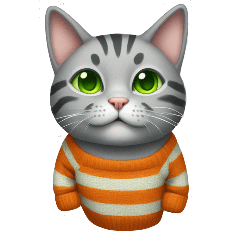 A striped grey cat with green eyes with orange sweater in full growth emoji