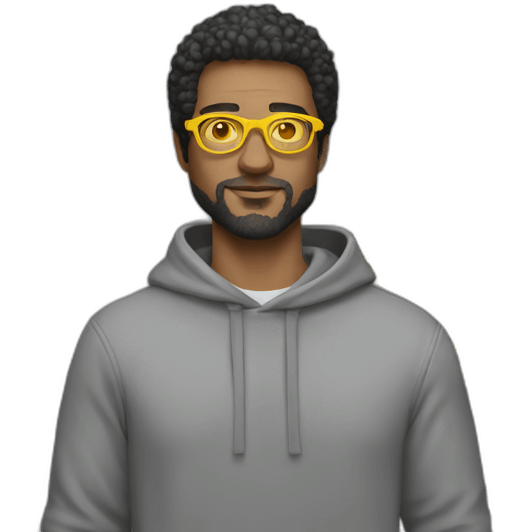 White man with yellow tinted glasses and black hair in a gray hoodie emoji