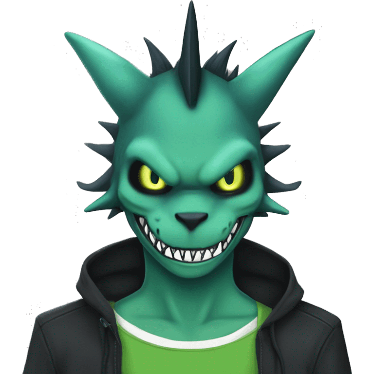 Digimon-Fakémon, horns, black body, green mane, anthro, furry, shark, black skull face, black skull mask, green stripes, tufted tail, full body, shark, creature, vernid, LiLaiRa, emoji