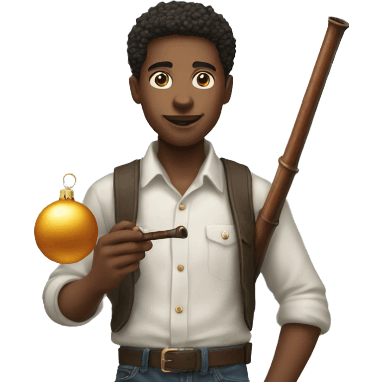 Young man holding a sharp Christmas ornament and a long pipe and a  emoji