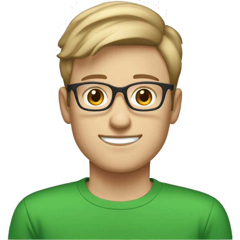 white young man with blue eyes and light brown hair and square glasses wearing green t-shirt using laptop emoji