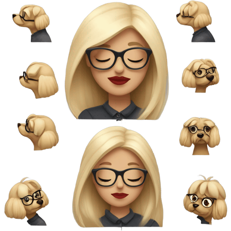 White girl, blonde hair, eyes closed, red lipstick wearing glasses hugs Yorkshire terrier  emoji