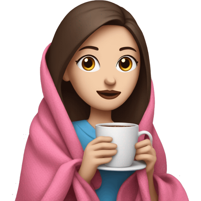 Woman with pale skin, blue eyes, and dark brown here drinking coffee while wrapped in a pink blanket emoji