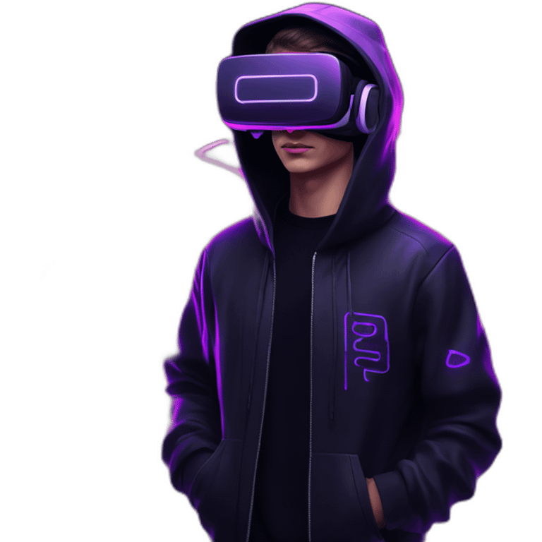 Russian young man wearing a black hoodie with "KEESY" letters on it and VR headset in a cyberpunk VR environment with violet neon lighting. emoji