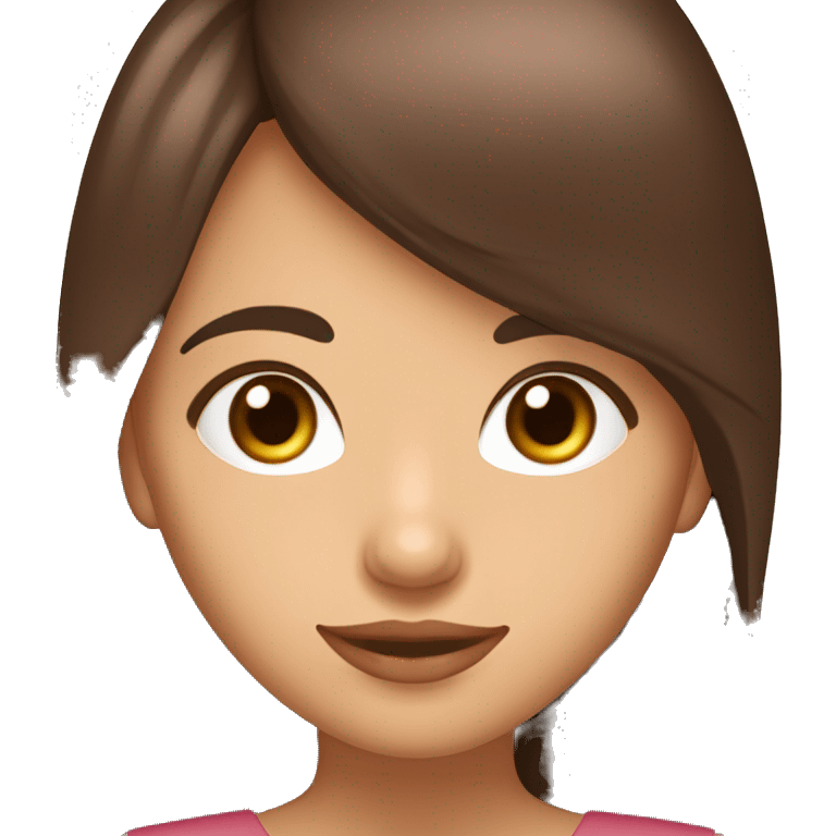 chica de apariencia de 16 años pelo color chocolate rojiso y con flequillo,blanca de piel ojos color marron oscuroojos  emoji