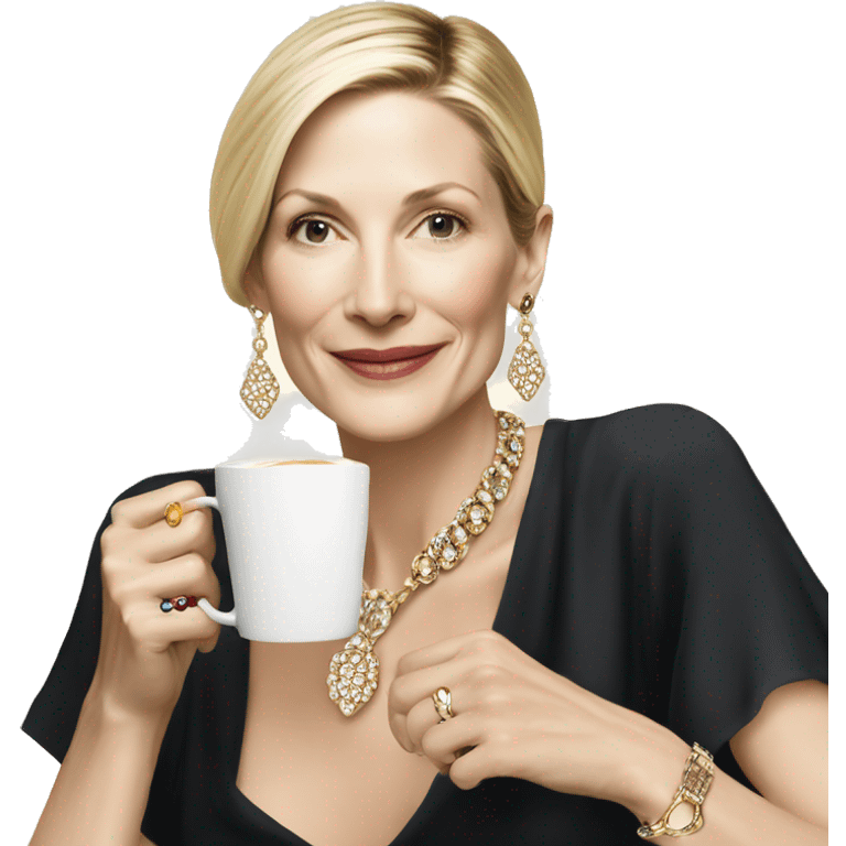 Kelly Rutherford with jewellery wearing drinking cappucino bob carre emoji