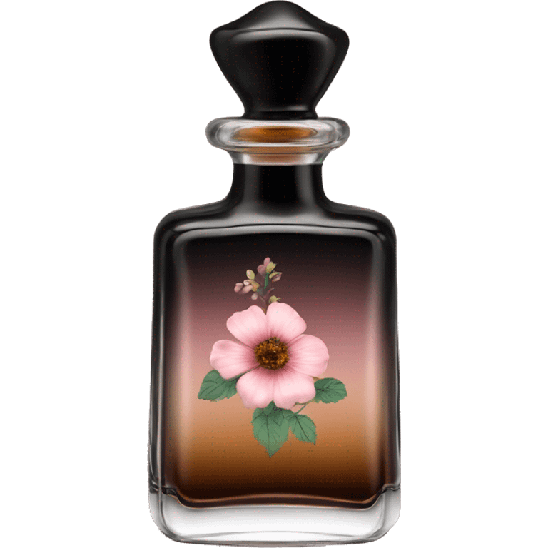 English vintage glass perfume bottle from my aristocratic grandmother, exquisite bottle shape, old and shabby, with label, stylish and minimalistic, black and brown with pink gradient, with little herbal and flowers  emoji