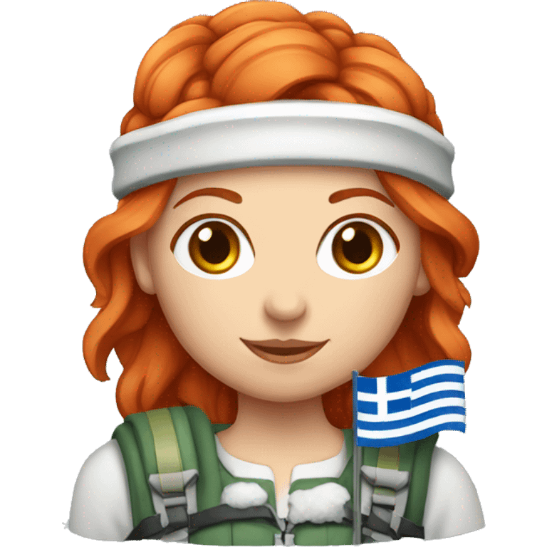 red hair female winter mountaineer with Greek flag and easter basket emoji