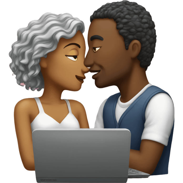 a couple both work on computers and kiss each other emoji