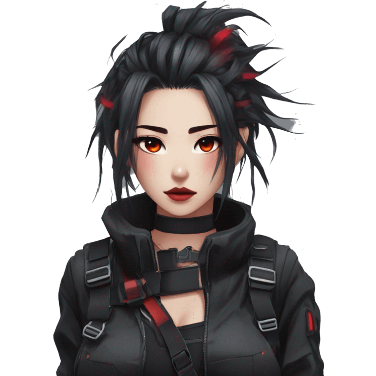 Gorgeous techwear anime style lady with blushing face aesthetic and pretty edgy black red punk messy hair with collar and harness trending style emoji