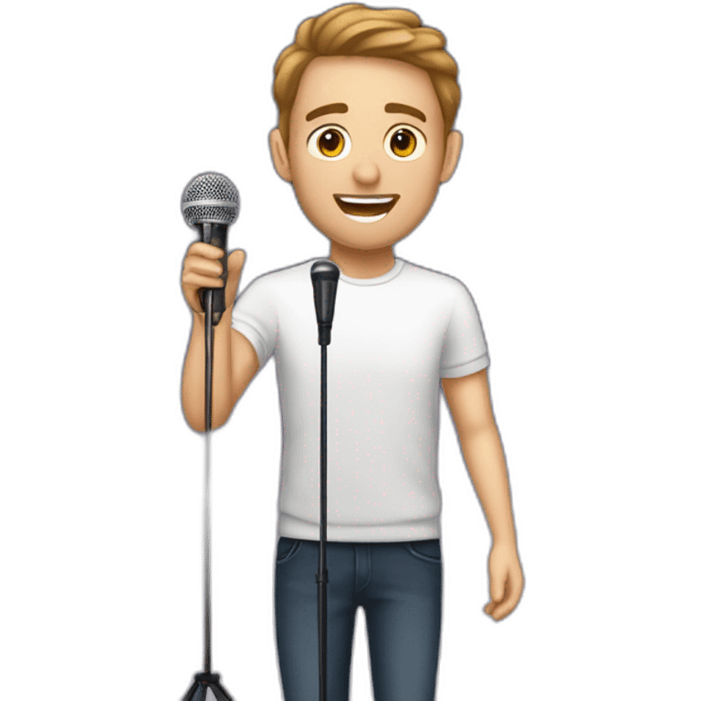 White Person men with brown hair and light skin on stage spotlight with microphone stand in front of him with show a emoji