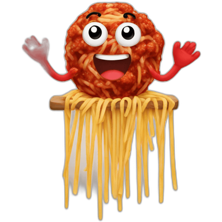 Spaghetti and meatballs, with a face arms and legs emoji