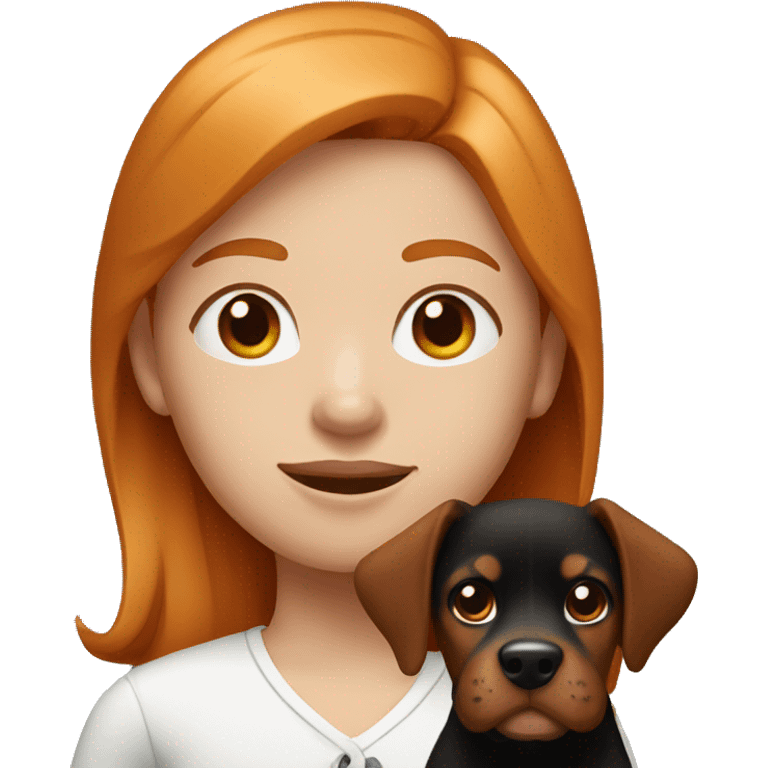 a ginger girl holding a black and brown dog with white mark above his nose emoji