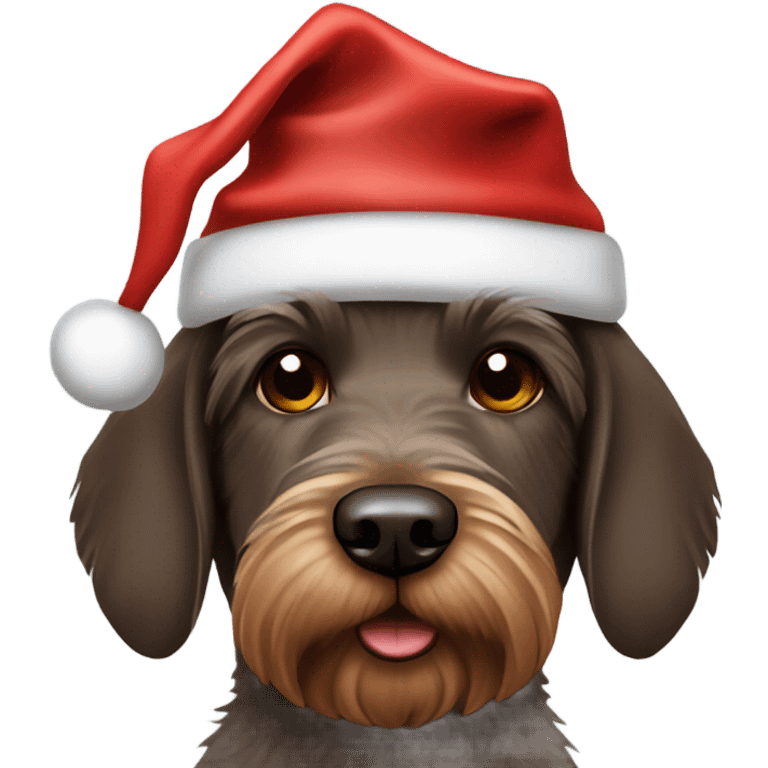 All brown German wirehair dog wearing Santa hat emoji