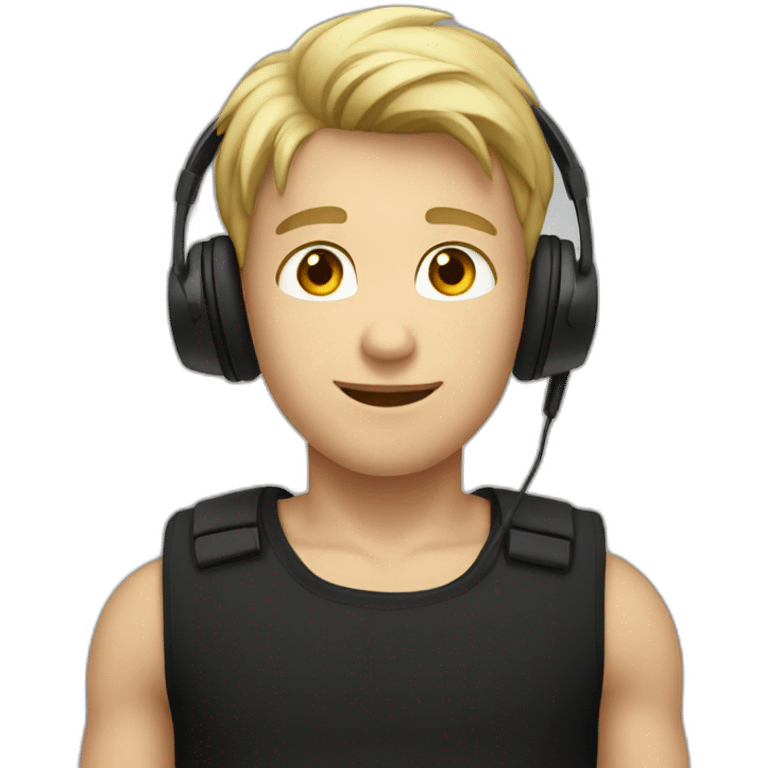 A blond short haired boy with a black tank shirt and a black headset emoji