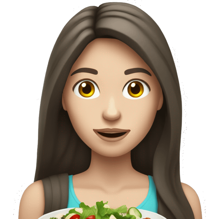 Muscle long hair brunette girl with pale skin eating salad emoji