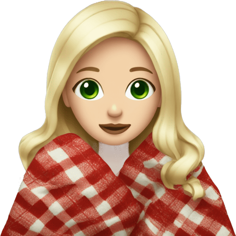 blonde girl green eyes wrapping in christmas blanket sipping coffee emoji