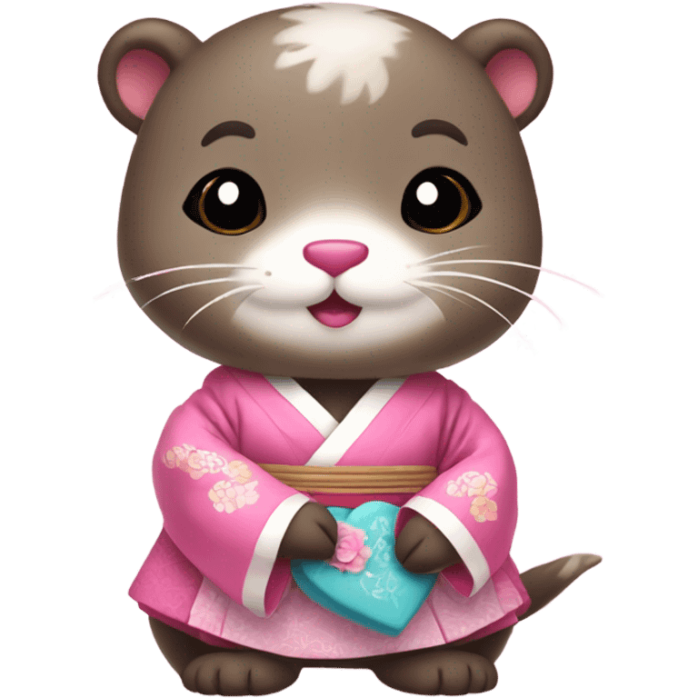 A cute and lovely otter dressed in traditional Korean hanbok, holding a pink heart emoji