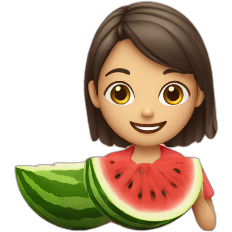 A girl eating a watermelon and smiling emoji