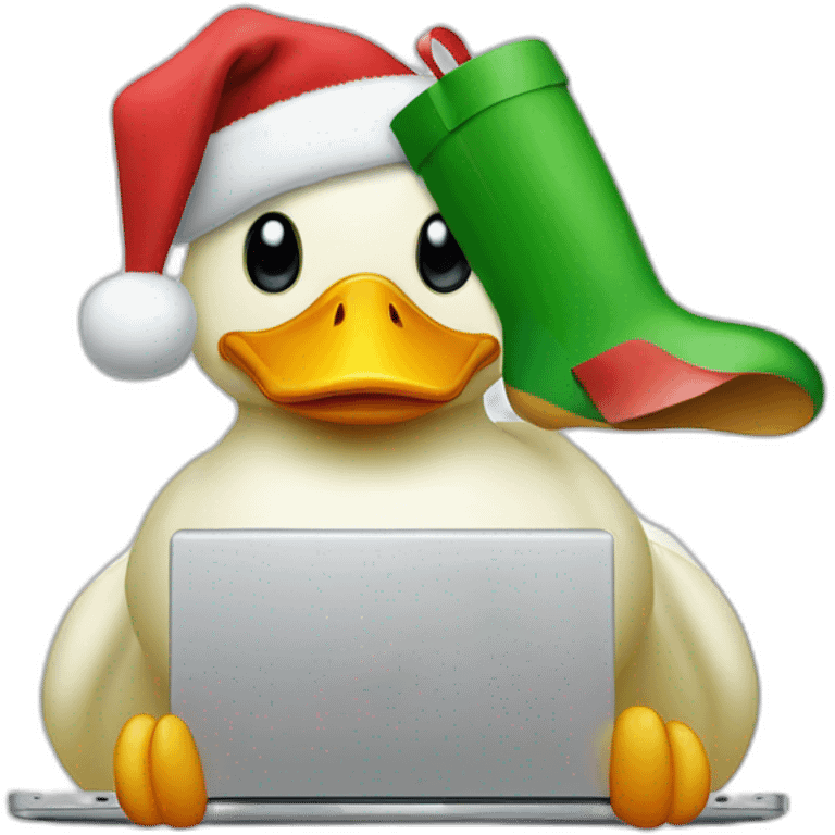 a duck behind a laptop wearing a christmas hat emoji