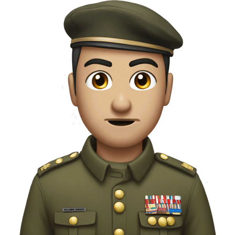 an angry young man with very short black mustache. short hair to right in army costume. white skin. eyebrows to down emoji