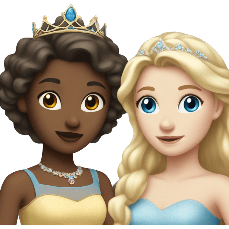 One brunette girl with brown eyes dressed like a princess and a blonde girl with blue eyes dressed like a princess  emoji