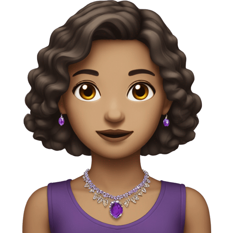 portrait of girl with jewelry with dark brown hair and purple gleaming  emoji