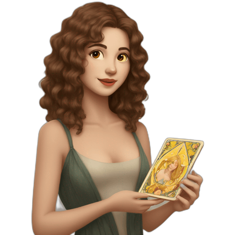 A wavy brown haired girl with a deck of tarot cards with golden star emoji