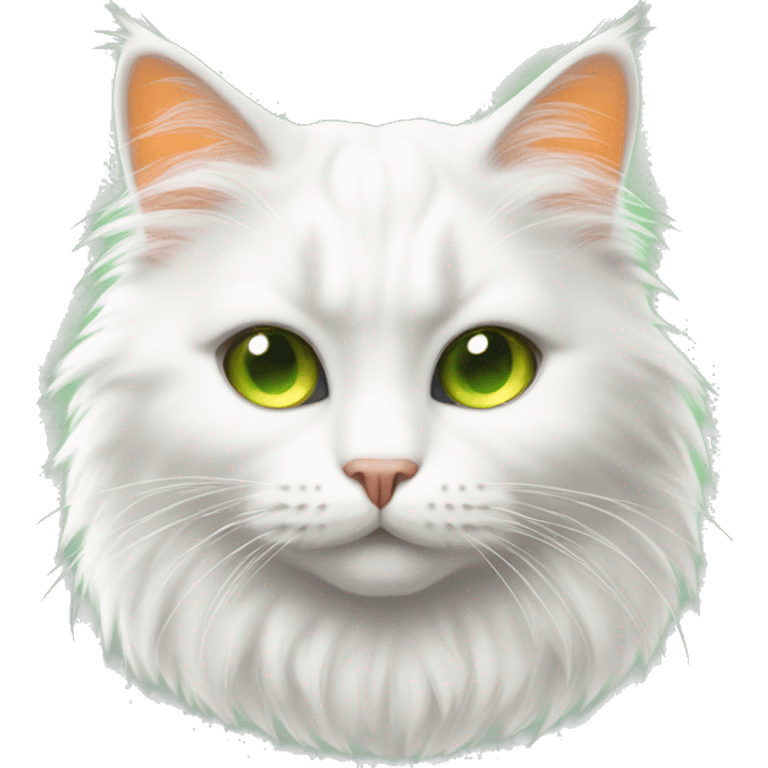 Fluffy white cat with orange marks and green eyes emoji