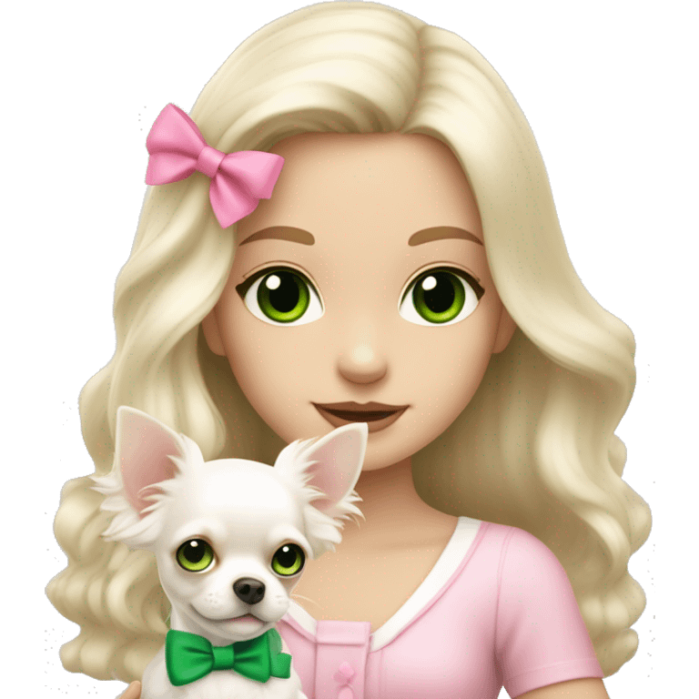 pale blond girl with wavy long platinum hair with green eyes holding a white chihuahua puppy that wearing a pink bow emoji