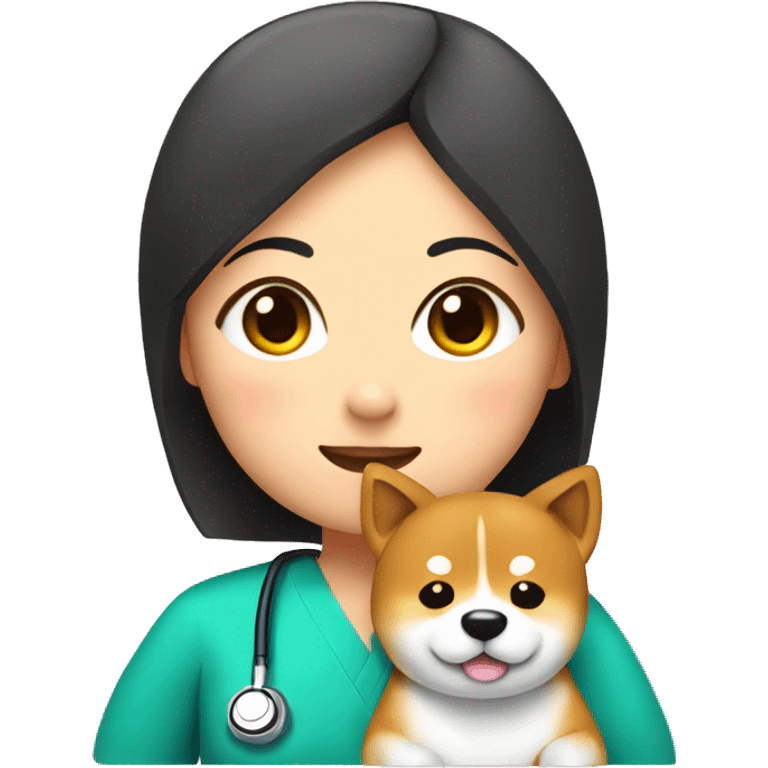 Shiba - inu cuddles pediatrician womanl with short black  hair  emoji