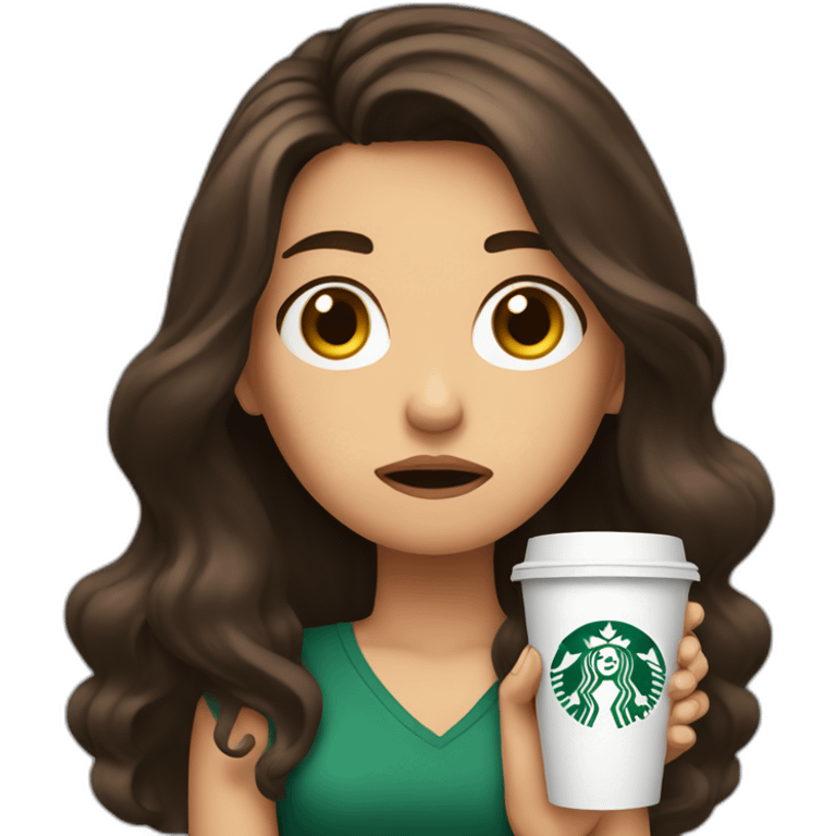 upset stressed anxious brunette girl holding starbucks emoji