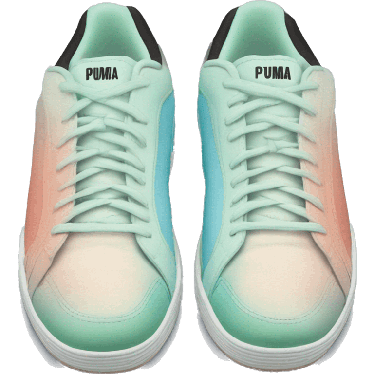 Realistic Isolated front view of a pair of pastel blue pastel green peach and black ombre Puma sneakers.  emoji