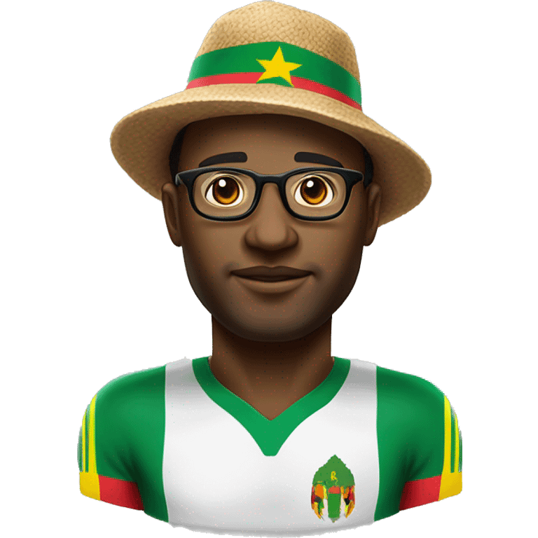 Africain d'environ 30 ans avec le maillot du Cameroun avec des lunettes et un chapeau emoji