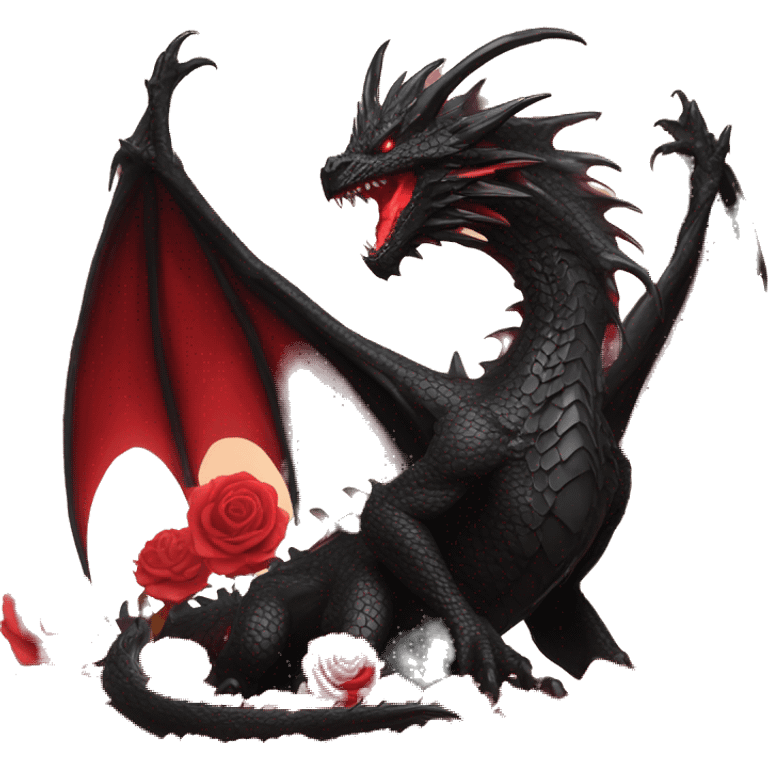 Black dragon breathing red flames, covered in thorned roses emoji