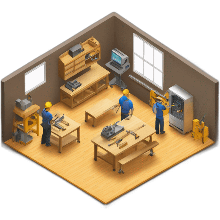 isometric square solid outline border containing indoor creative factory woodworking metalworking people active working cnc machine tools simple clean industrial makerspace #edc31b  emoji